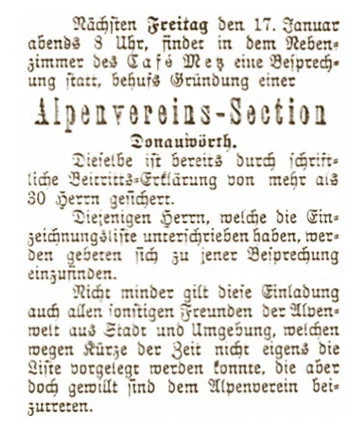 Einladung zur Gründungsversammlung 1896 | © DAV Donauwörth